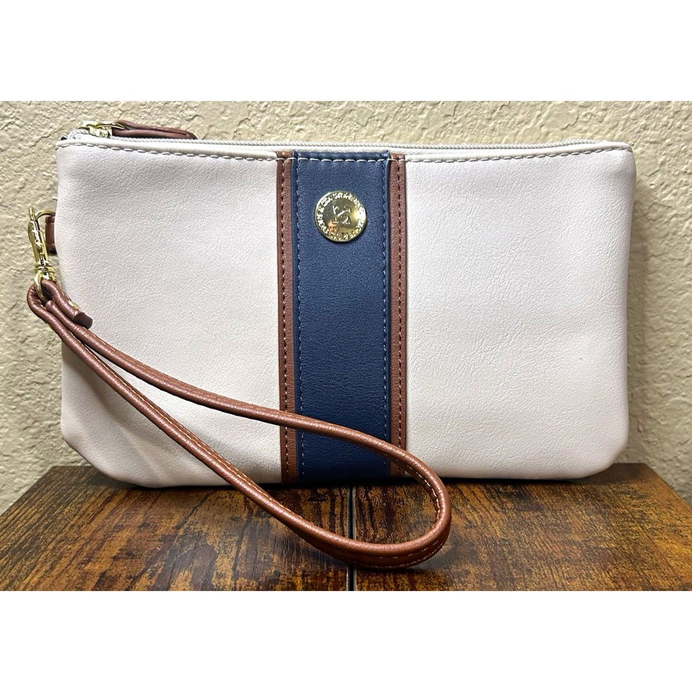 Stone & Co Zip Wristlet Ivory Brown Navy w/Strap & Card Organizer